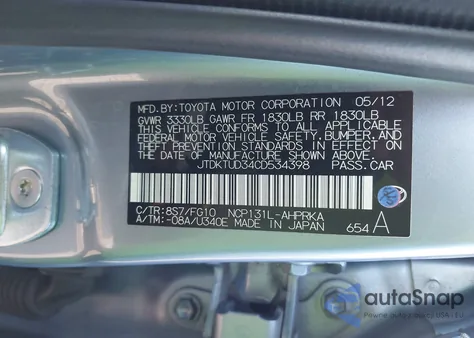 2012 Toyota Yaris Le из США, поврежденный, VIN JTDKTUD34CD534398